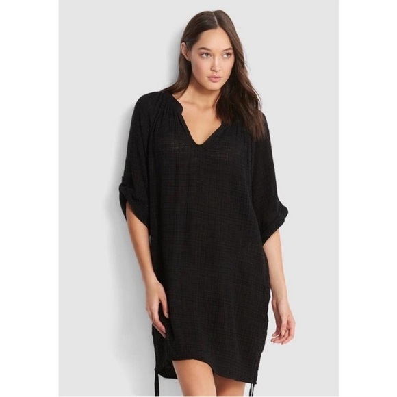 SEAFOLLY Australia Bali Hai Textured Black Gauze Beach Cover Up Dress Large - Picture 2 of 14